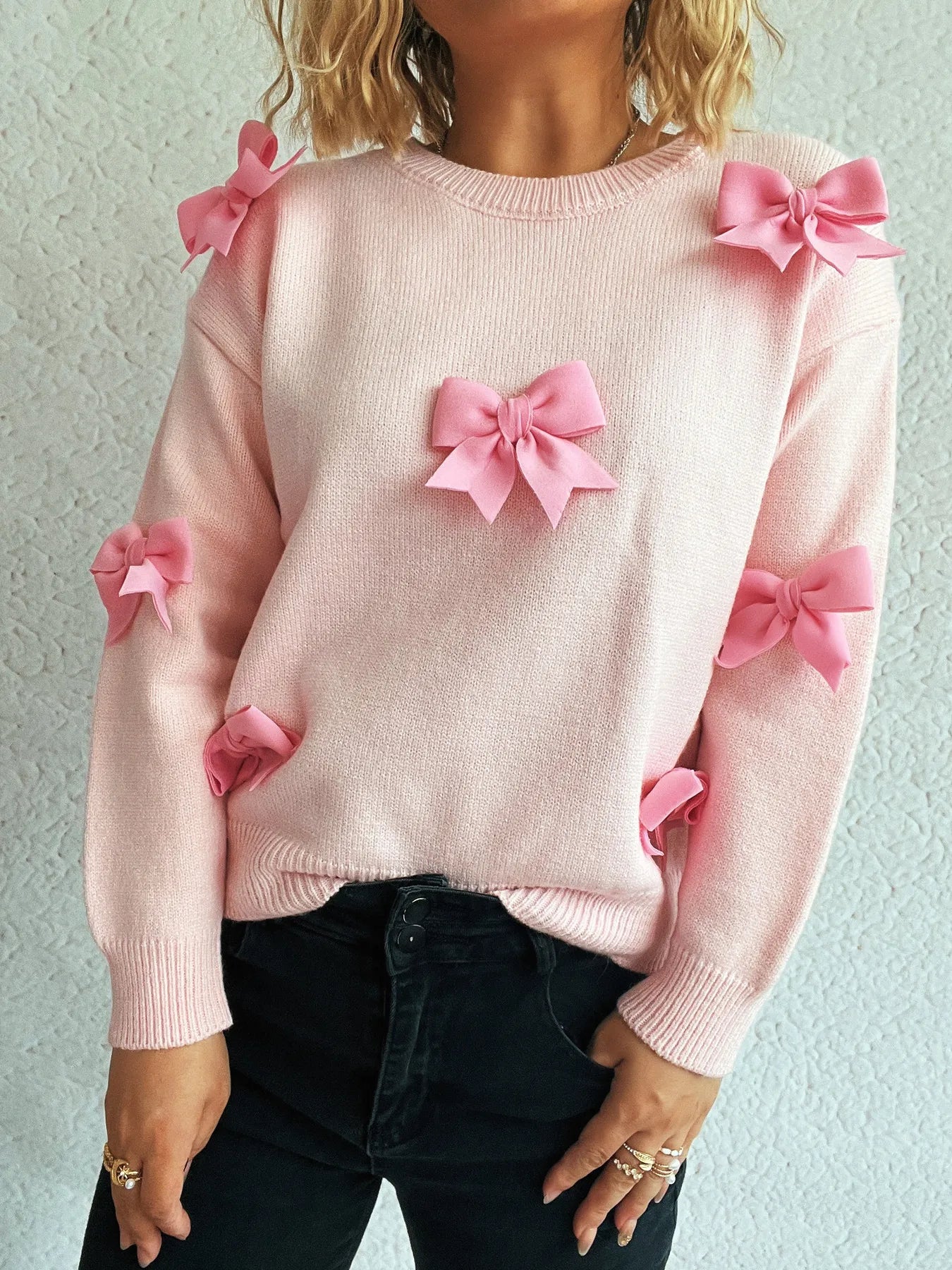 Bow Round Neck Long Sleeve Sweater - Fashorio