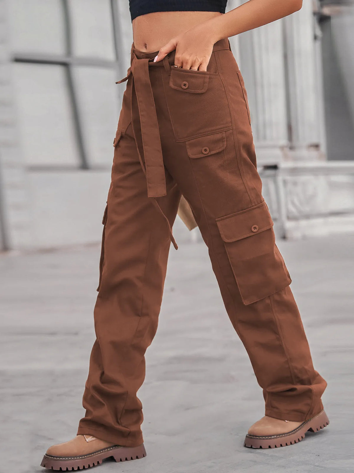 High waist belted cargo jeans view