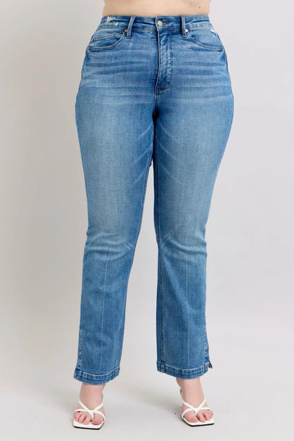 Judy Blue HW Tummy Control Vintage Wash Side Slit Slim Boot Jeans - Fashorio