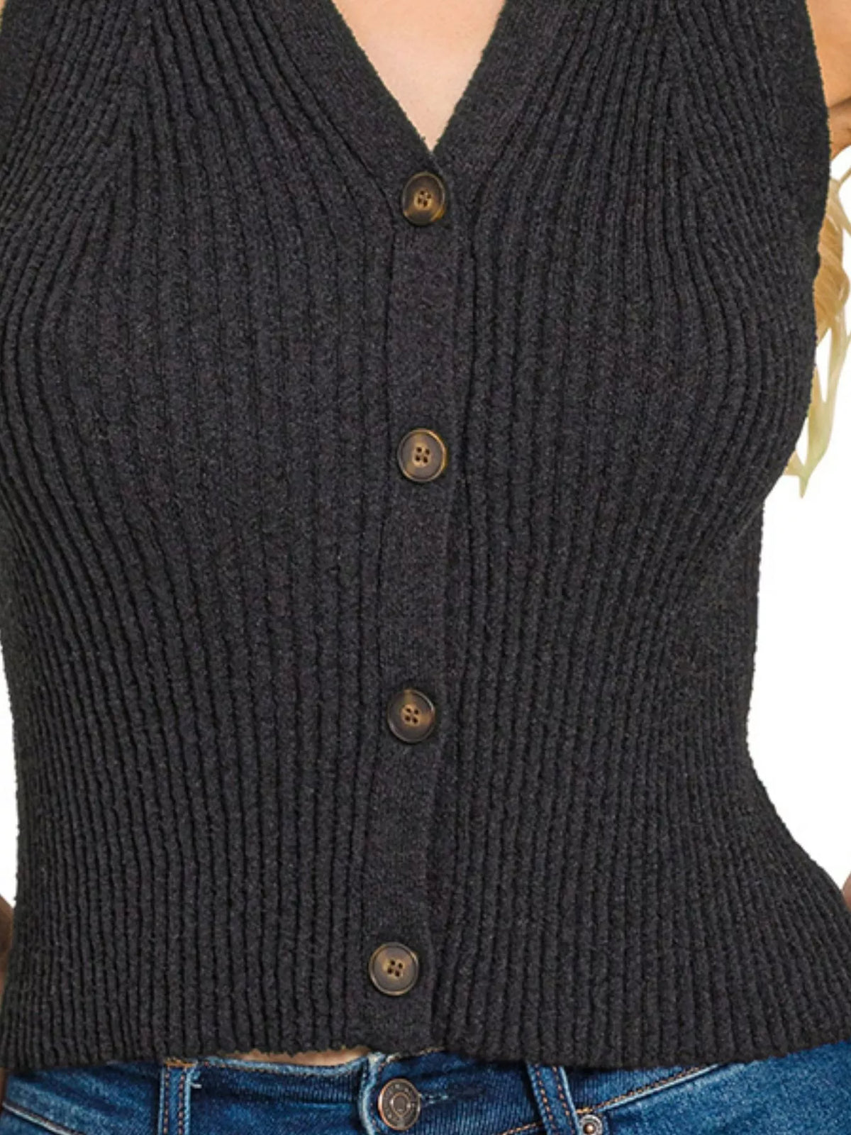 Ribbed Knit Button Down Sweater Vest in Black side view