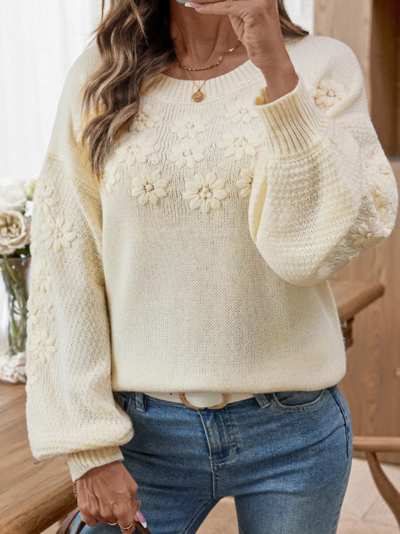 Flower Round Neck Long Sleeve Sweater - Fashorio