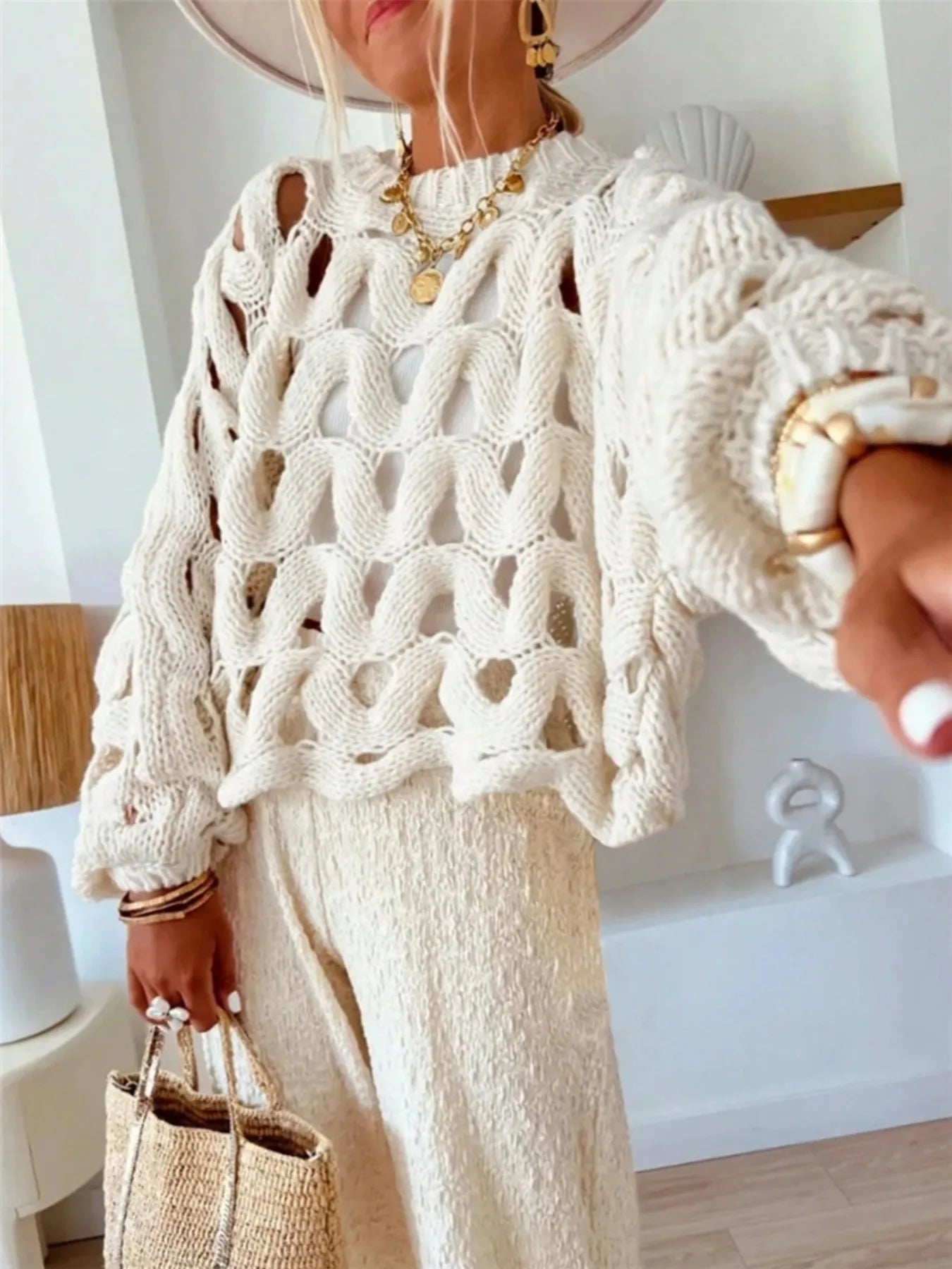 Chunky Cable Knit Hollow Out Sweater White - Fashorio