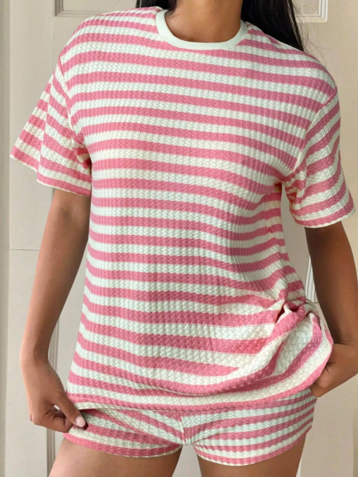 Striped round neck top and shorts color option