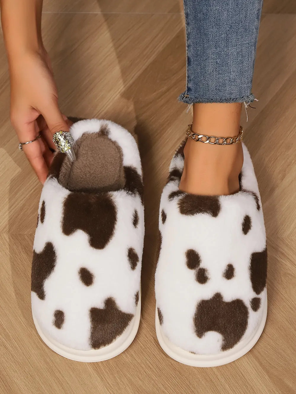 Animal Print Faux Fur Slippers Coffee Brown - Fashorio