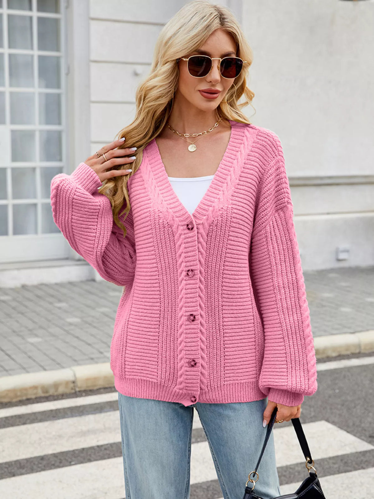 Ribbed button up cardigan detail view
