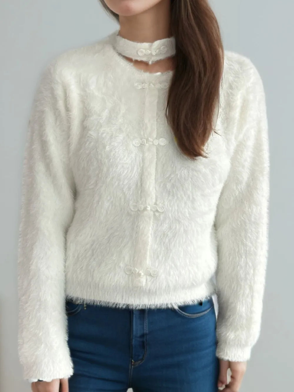 Cutout Knot Button Long Sleeve Cardigan White One Size - Fashorio