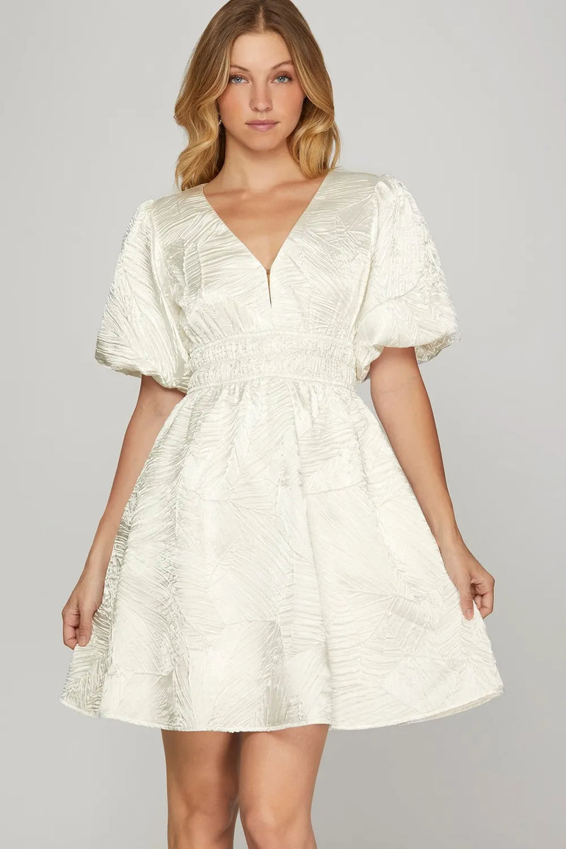 Crinkle Woven V Neck Balloon Sleeve Mini Dress