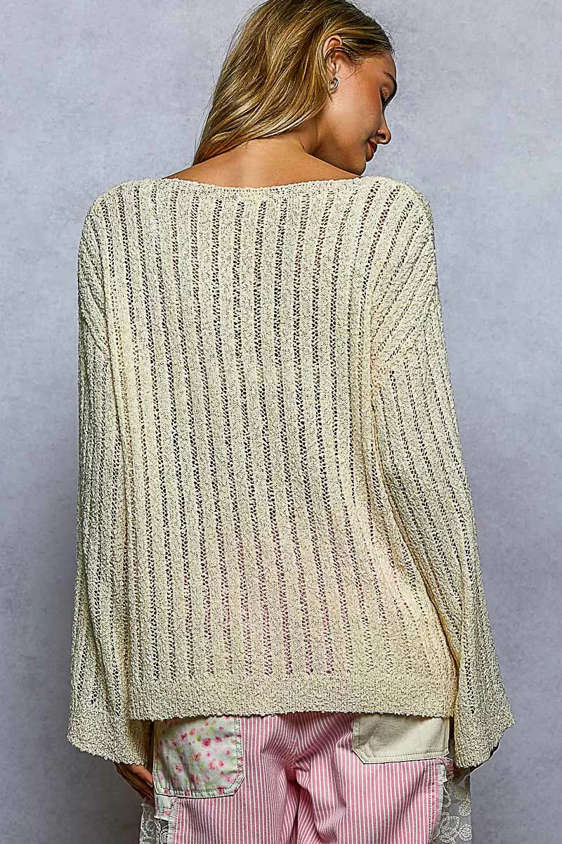 Round Neck Long Sleeve Open Weave Sweater, view 5