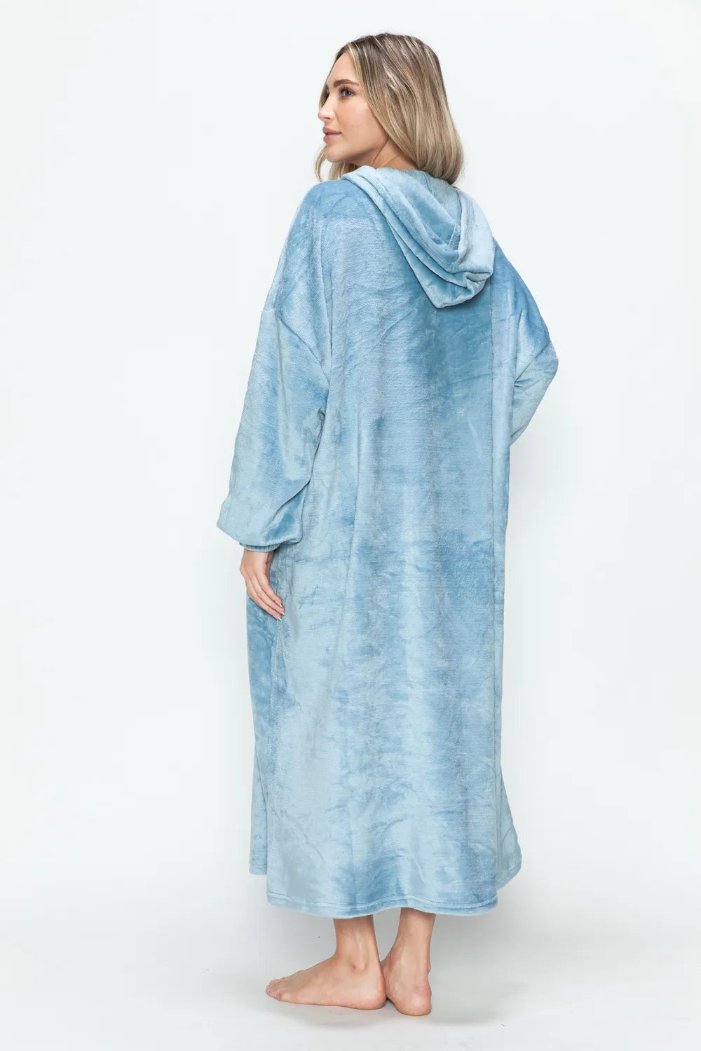 Pocketed hooded lounge dress three quarter view