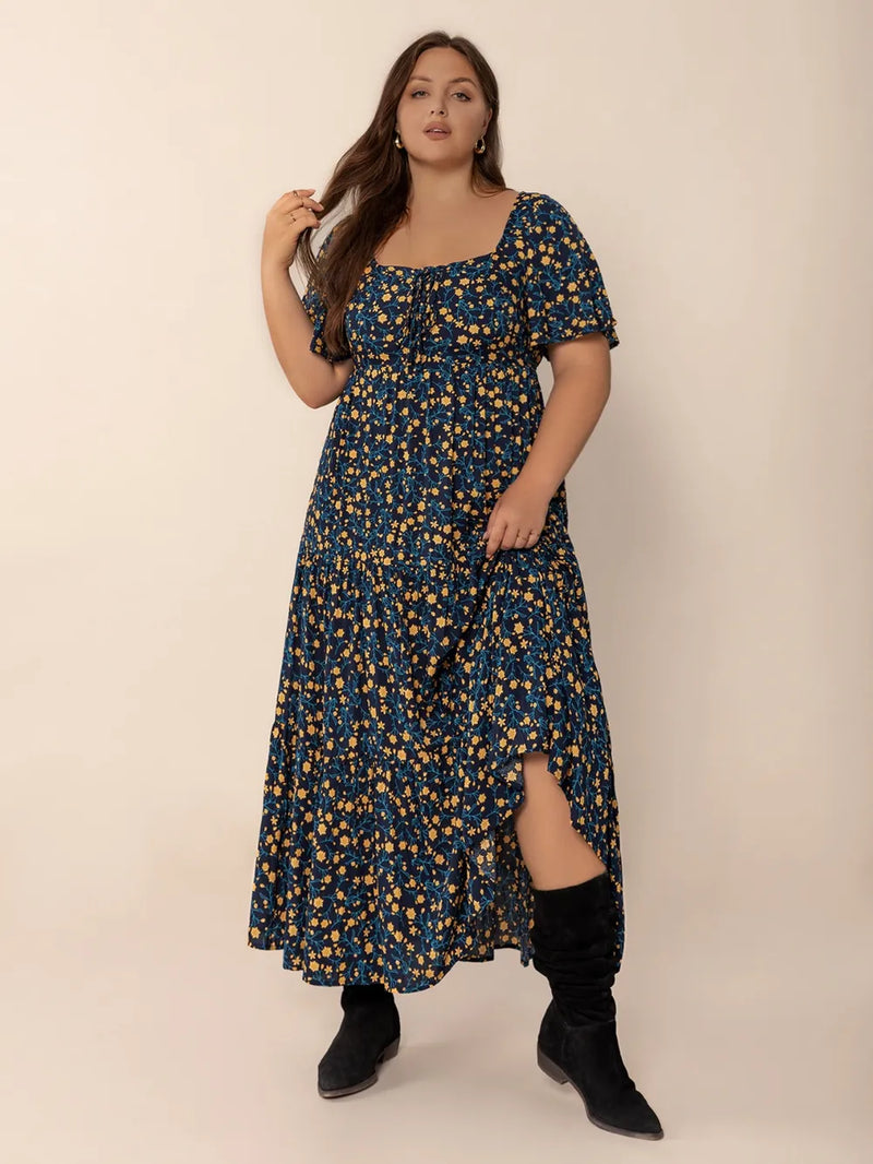 black plus size printed slit tiered maxi dress front view