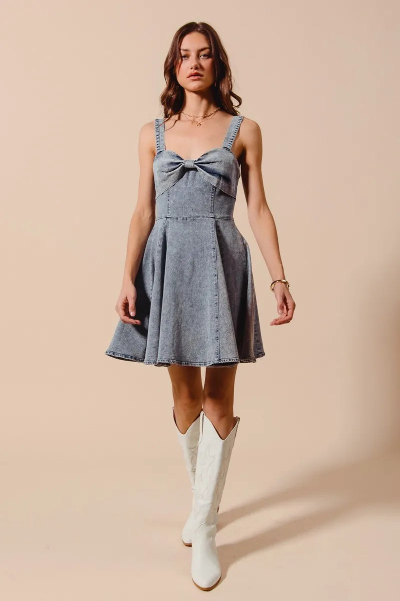 SO ME Mineral Washed Bow Ribbon Denim Flare Dress - Fashorio