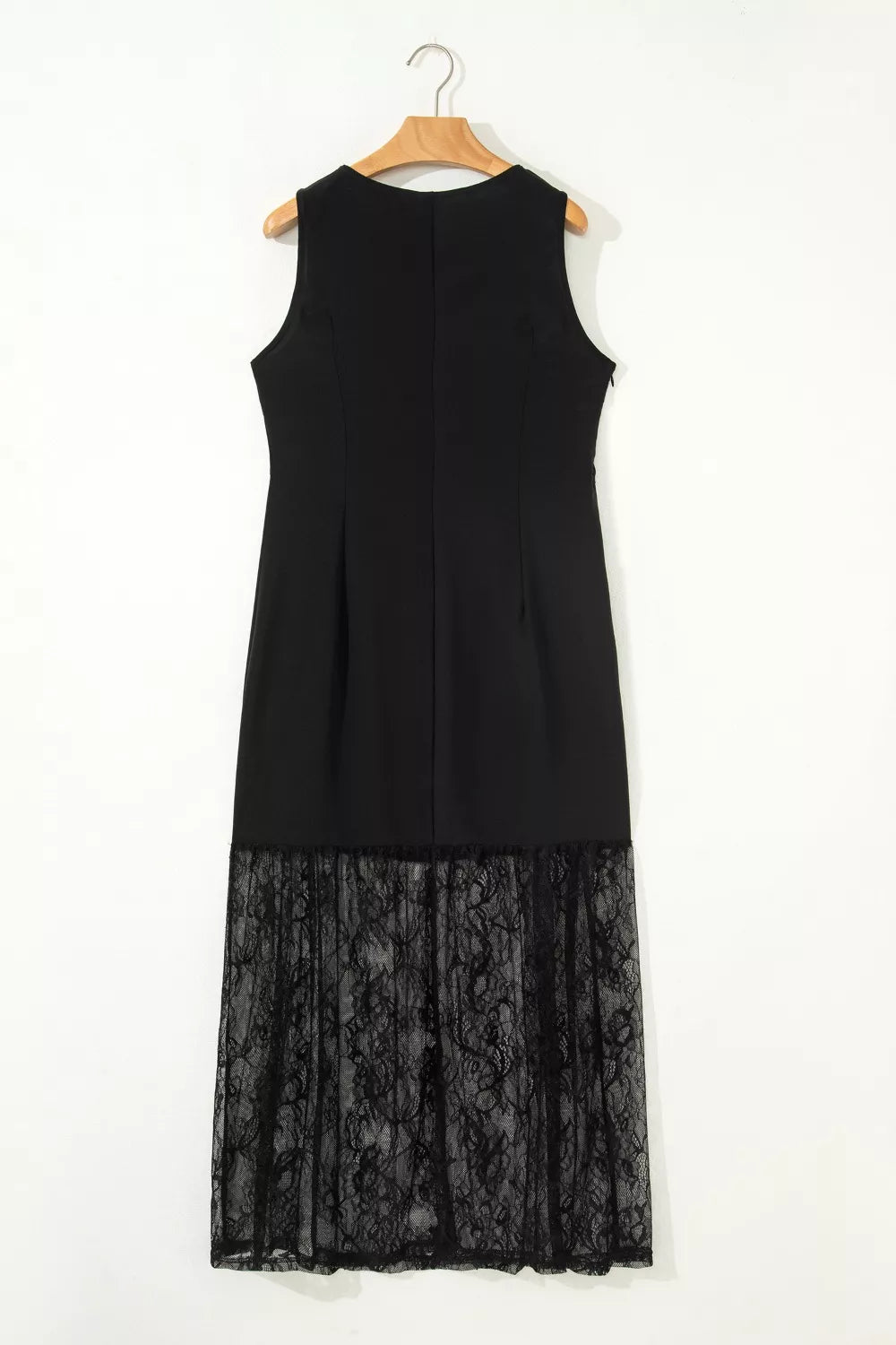 sheer floral lace sleeveless maxi dress in black styled outfit view