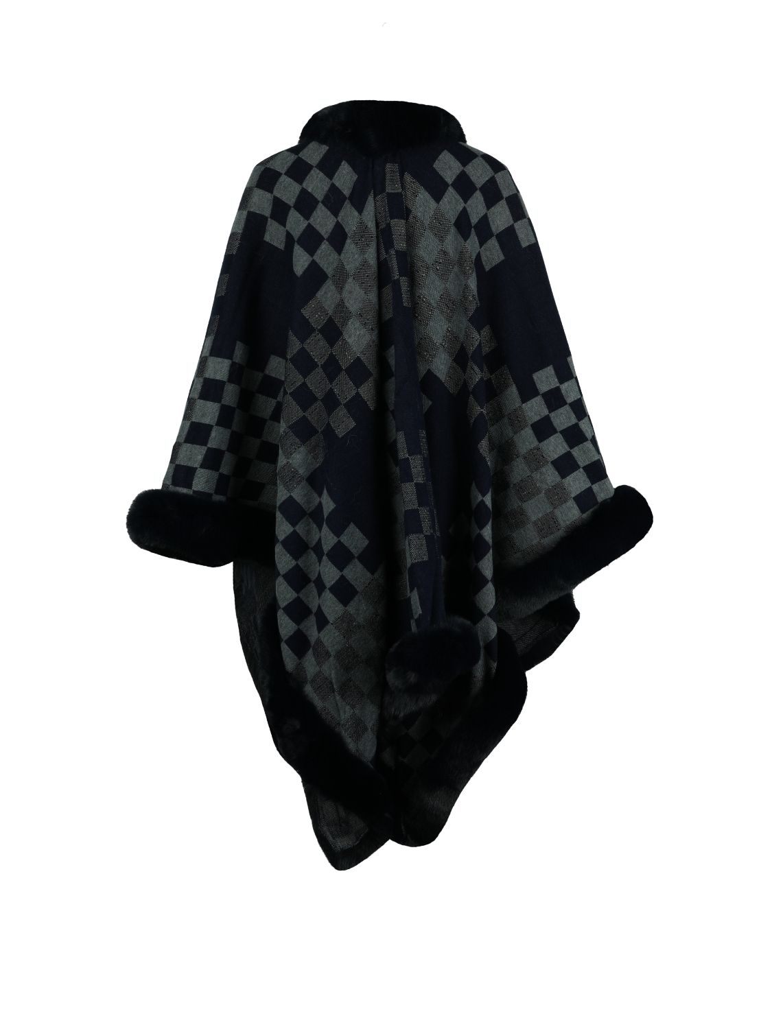 Checkered Faux Fur Trim Poncho - Fashorio