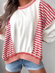Stripe Color Block Contrast Stitching Oversize Sweatshirt Coral - Fashorio