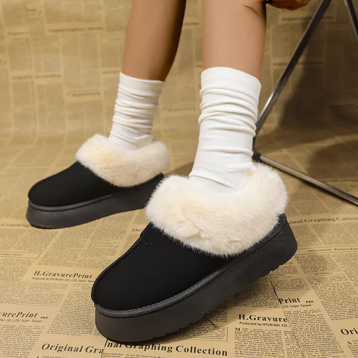 Fuzzy trim platform boots top down view