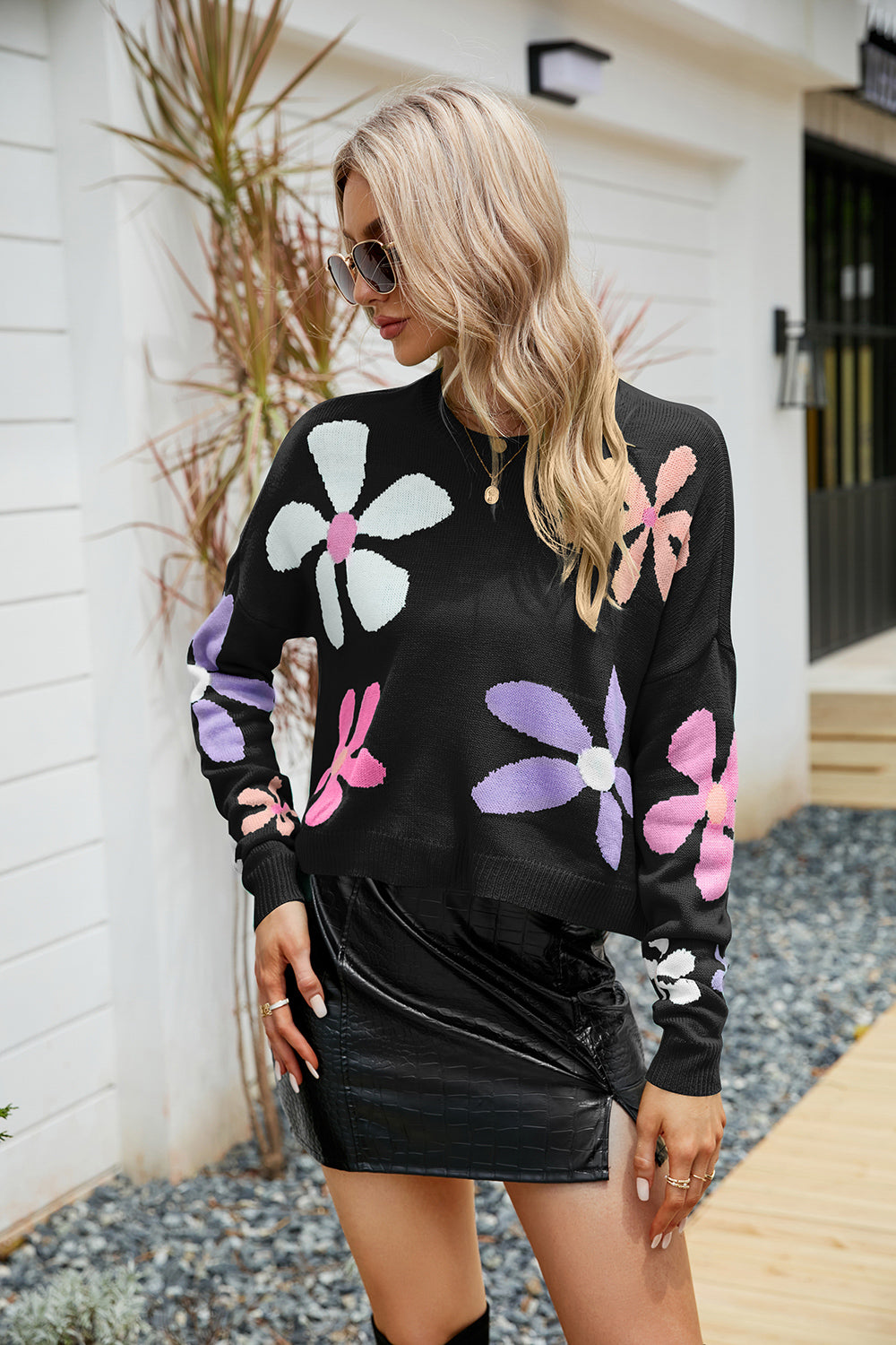 Flower Round Neck Drop Shoulder Sweater Black - Fashorio