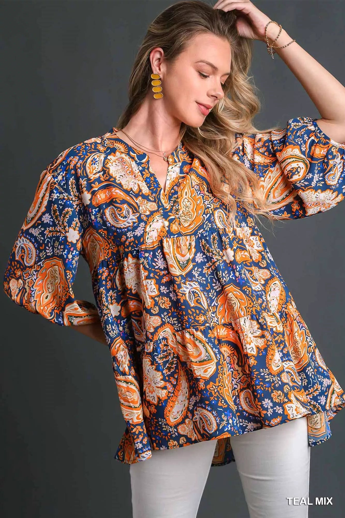 Umgee Mix Paisley Boho Tunic Blouse TEAL MIX - Fashorio