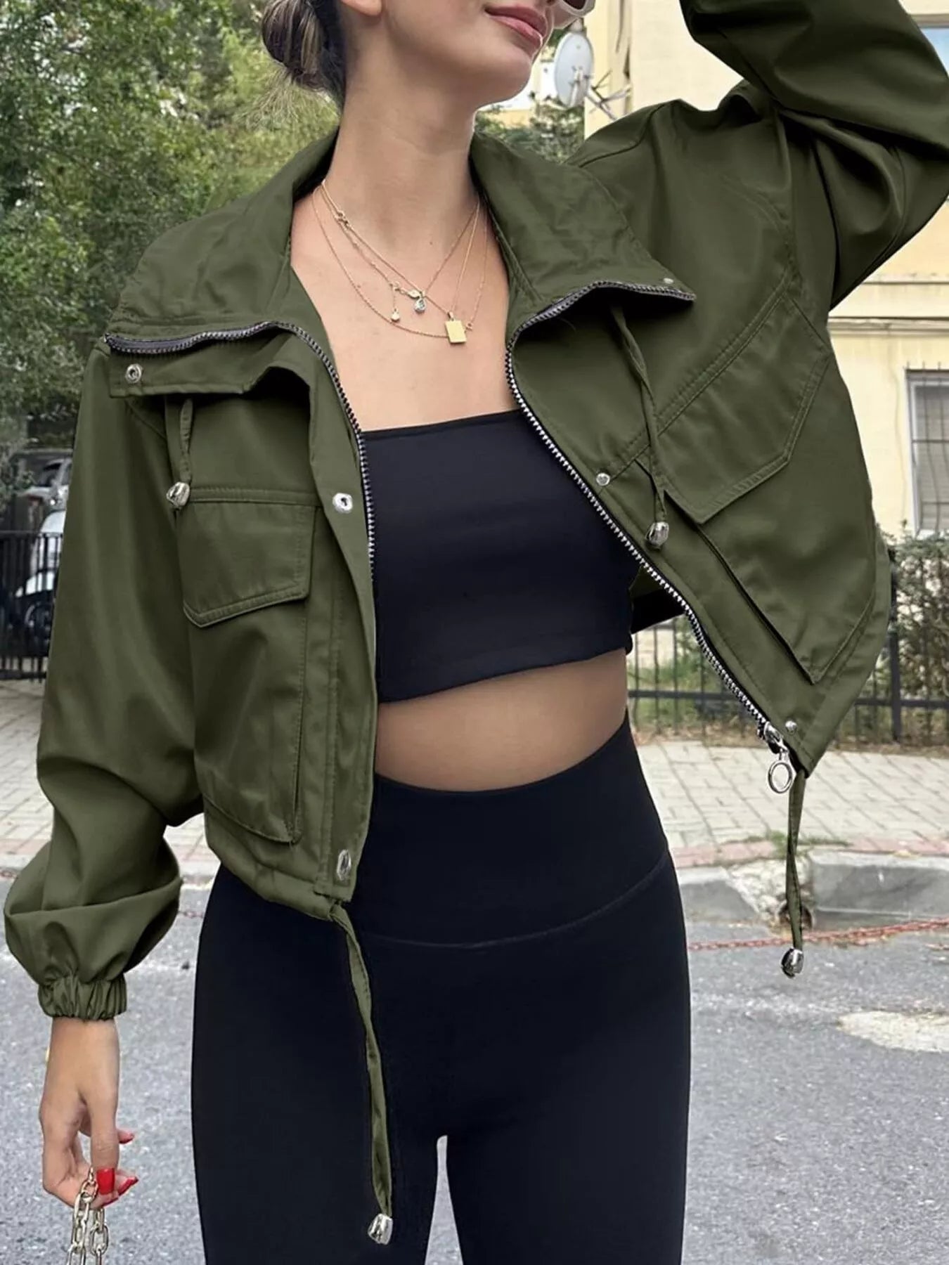Drawstring Hem Zip Up Jacket Army Green - Fashorio