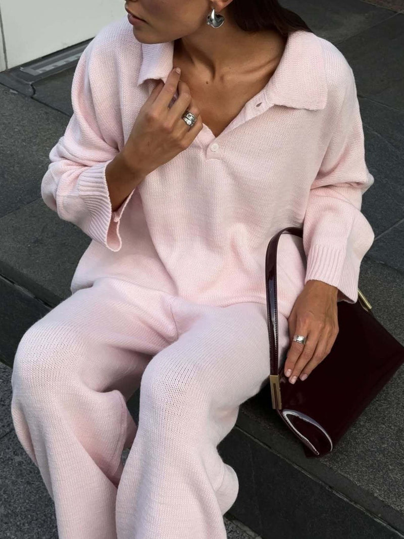 Polo collar top and wide leg pants knit set front