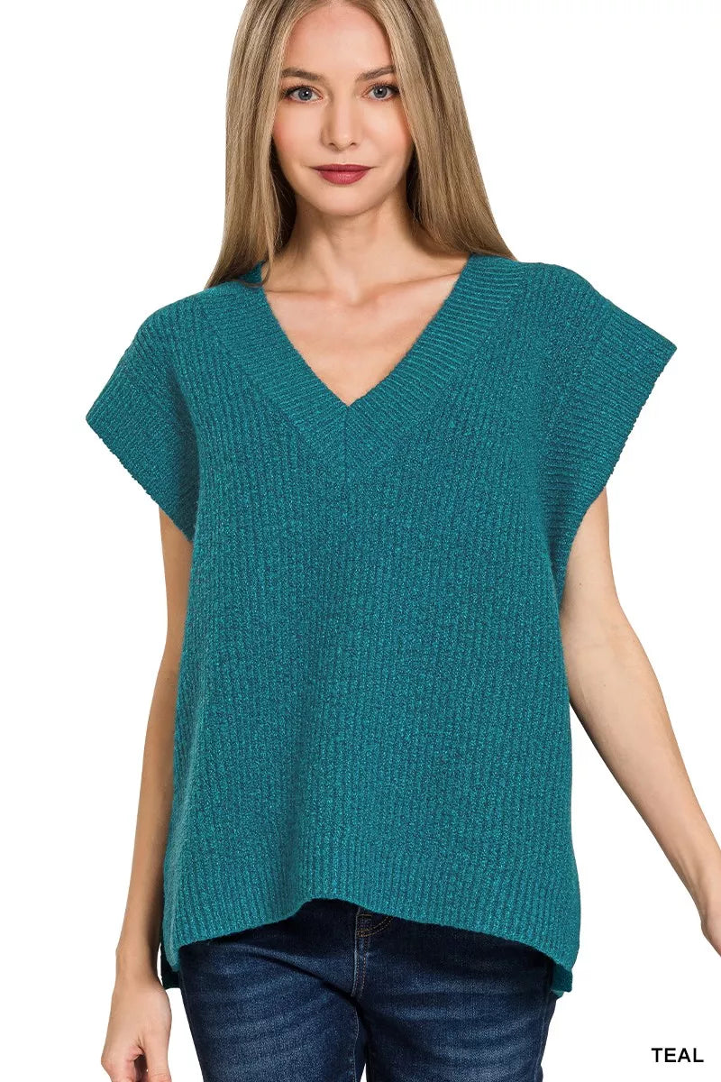 Ribbed Side Slit V Neck Sweater Vest in Teal