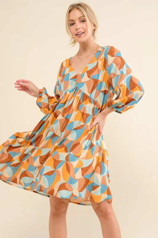 Printed Open Back Puff Sleeve Casual Dress back view