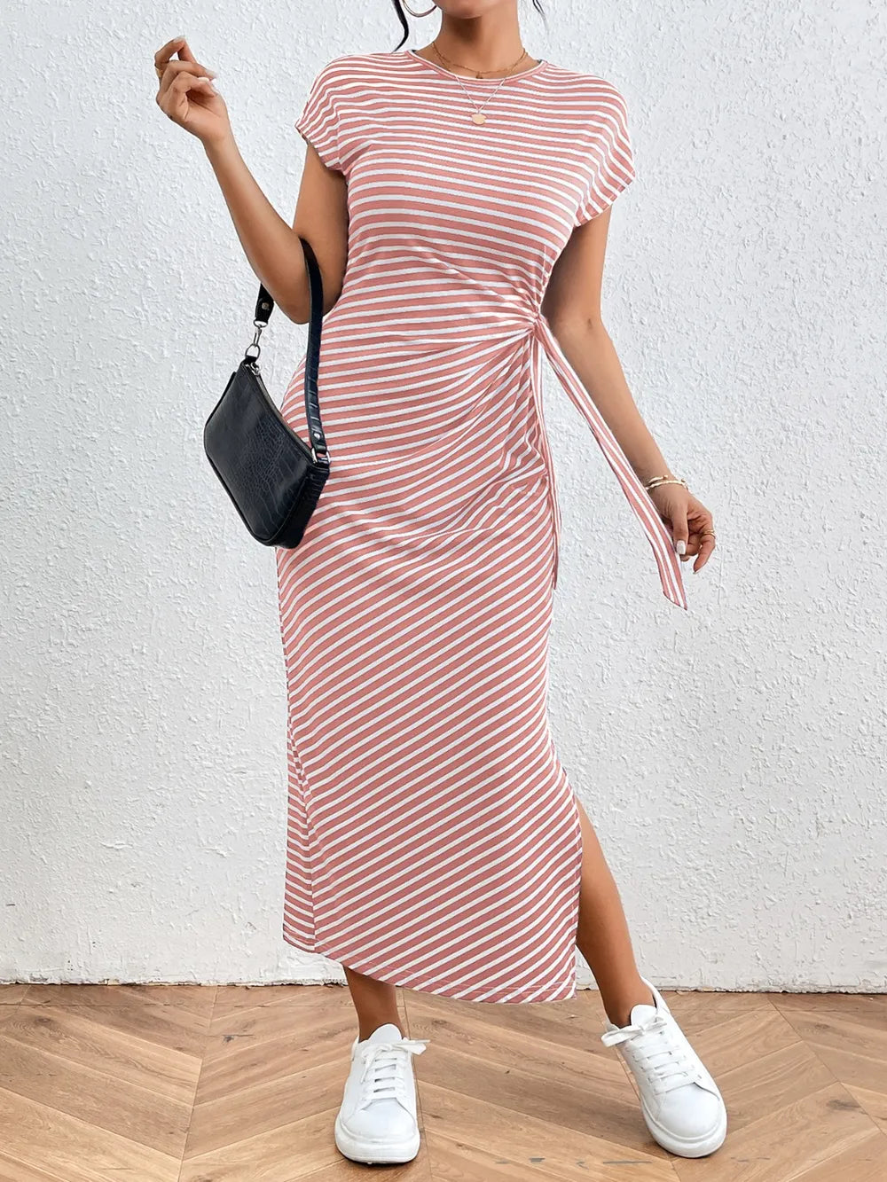 striped round neck short sleeve tee dress standing pose