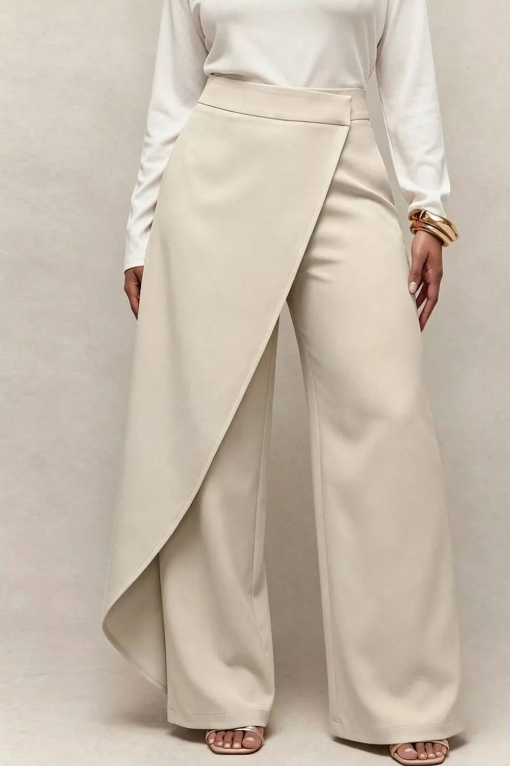 Wrap front wide leg pants shown from the front showing the diagonal overlay panel