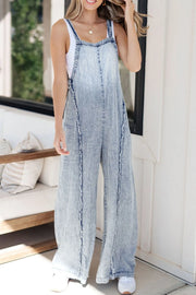Frayed Exposed Seam Wide Leg Denim Overalls Medium - Fashorio