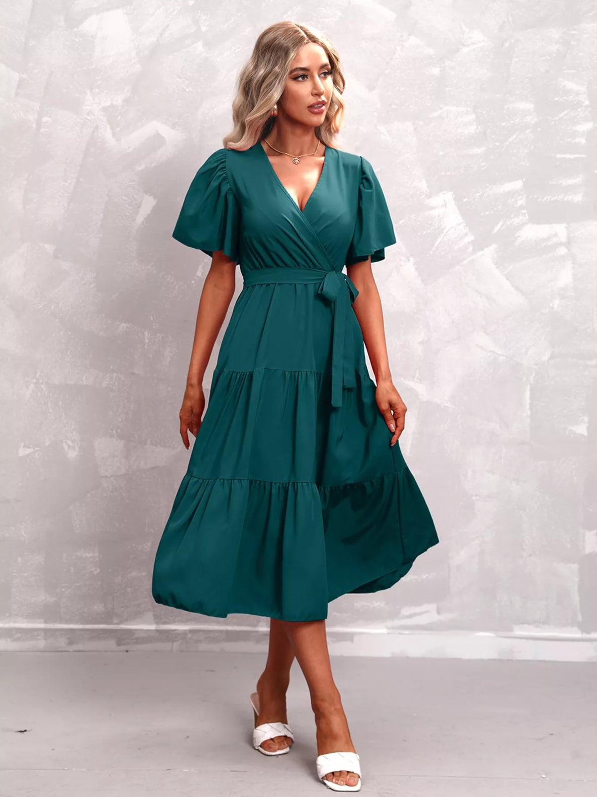 Flutter sleeve tiered midi dress detail view