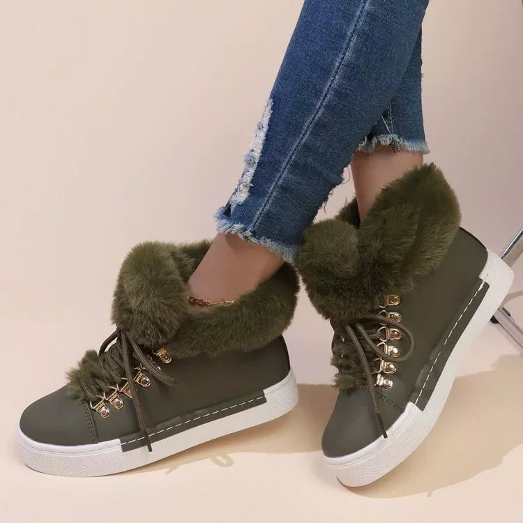 Fuzzy trim lace up ankle boots side profile