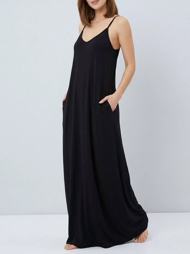 black V neck maxi dress front view