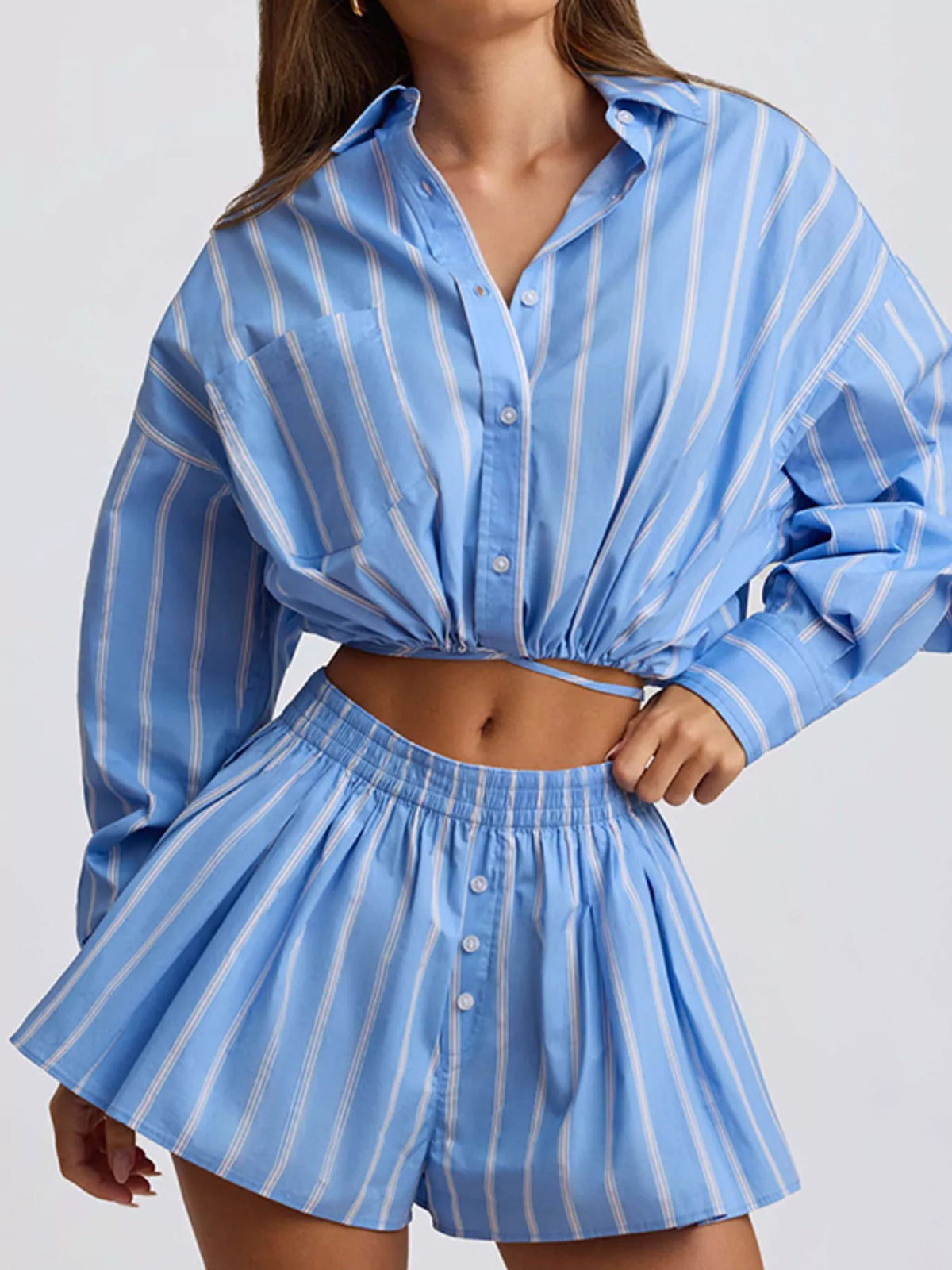 Striped Button Up Shirt and Shorts Set, view 12