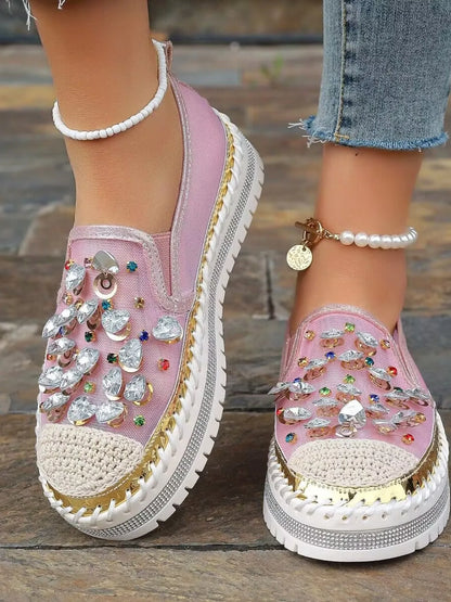 Rhinestone Round Toe Platform Loafers Pink - Fashorio
