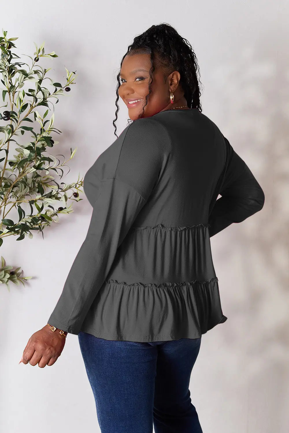 Double Take Half Button Long Sleeve Ruffle Hem Blouse - Fashorio
