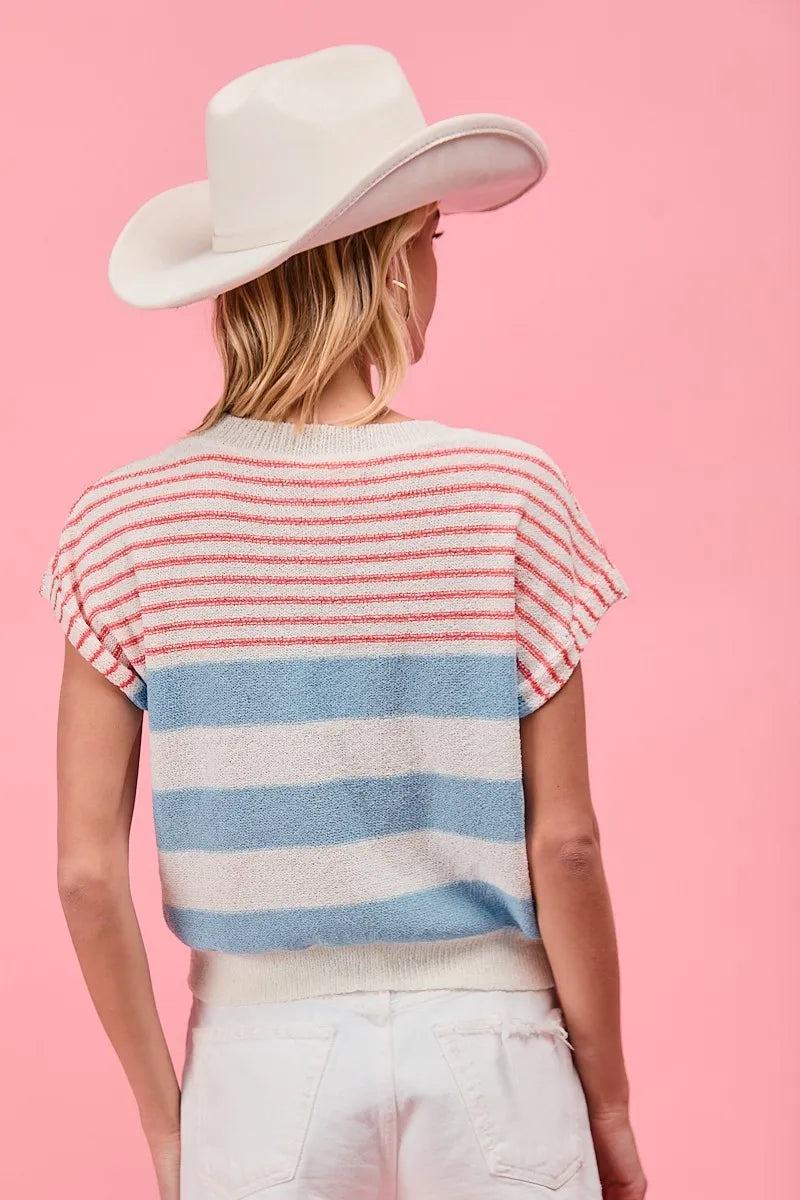 BiBi Stripes Lightweight Short Sleeve Sweater - Fashorio