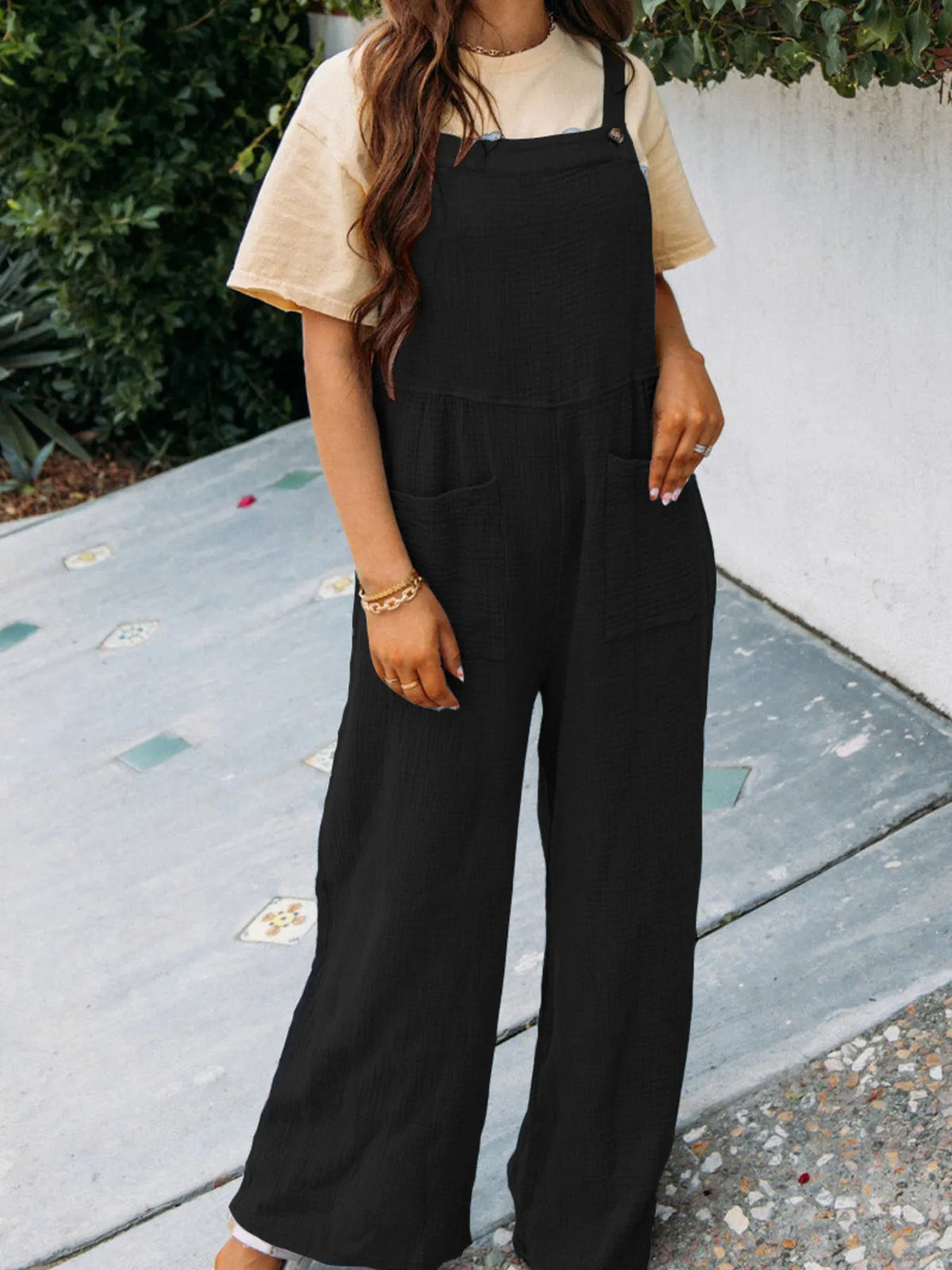 Casual Wide Leg Textured Overalls, view 31