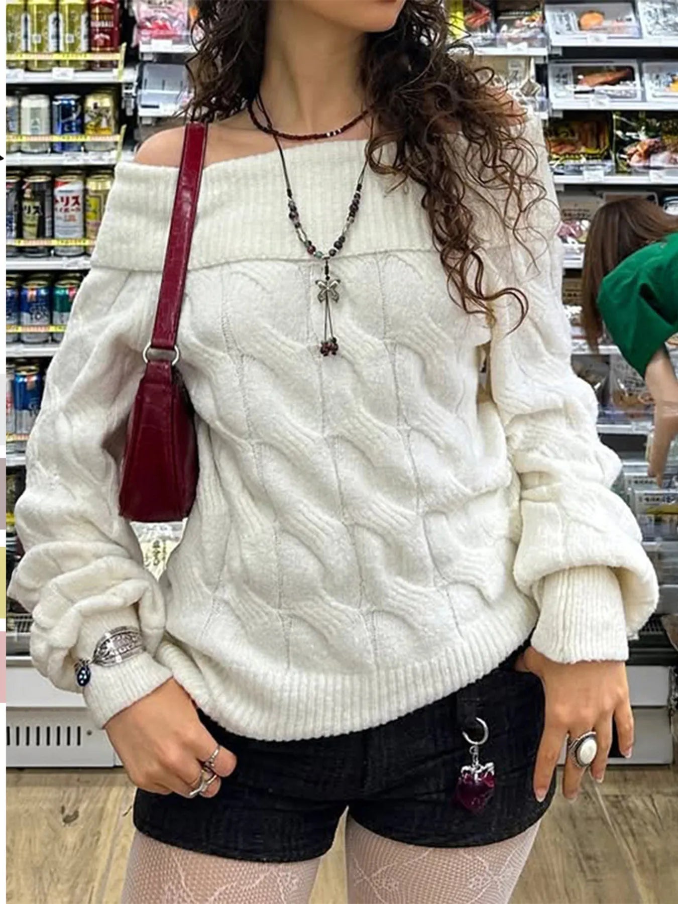 Cable Knit Off-Shoulder Sweater White - Fashorio