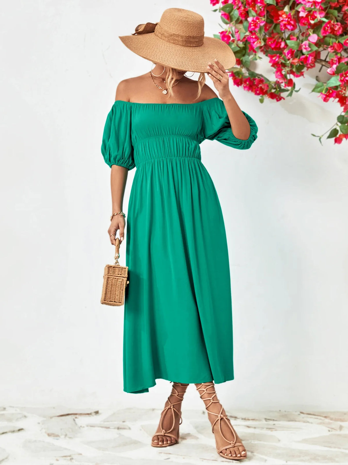 Off shoulder puff sleeve smocked maxi dress, side profile