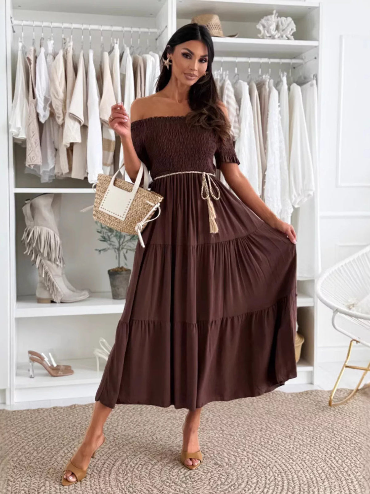 Off shoulder smocked tiered midi dress detail view