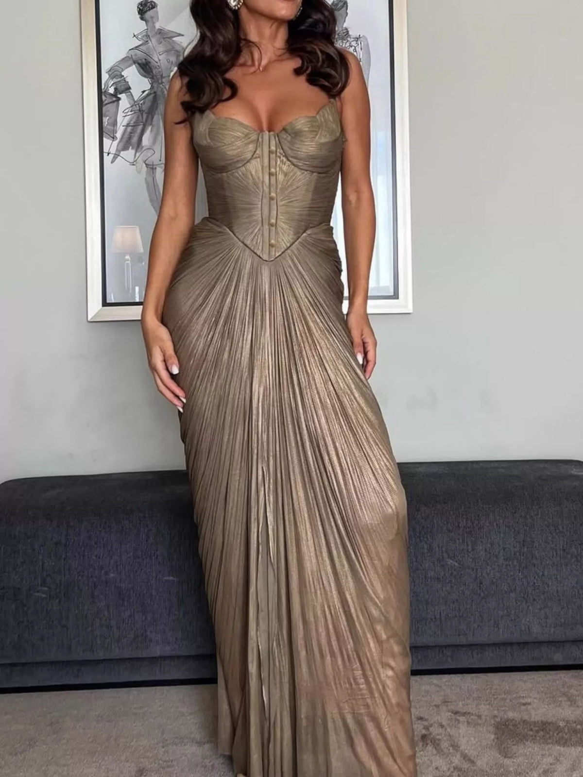 Gold metallic pleated corset maxi dress full length view