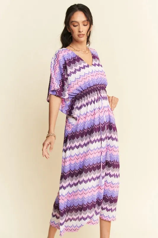 Wavy Print Tie Waist Flowy Dress in Lilac view 8