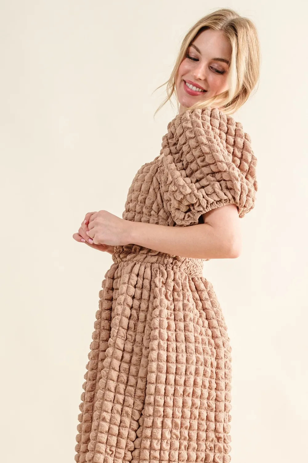 Square Neck Puff Sleeve Dress in Latte styled look