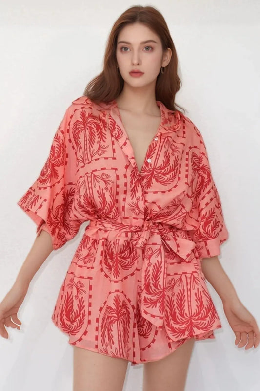 Printed Tie Waist Romper Red - Fashorio