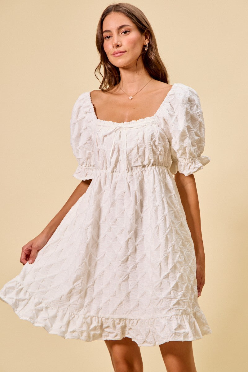 Textured Ruched Bust Mini Dress in Off White on model