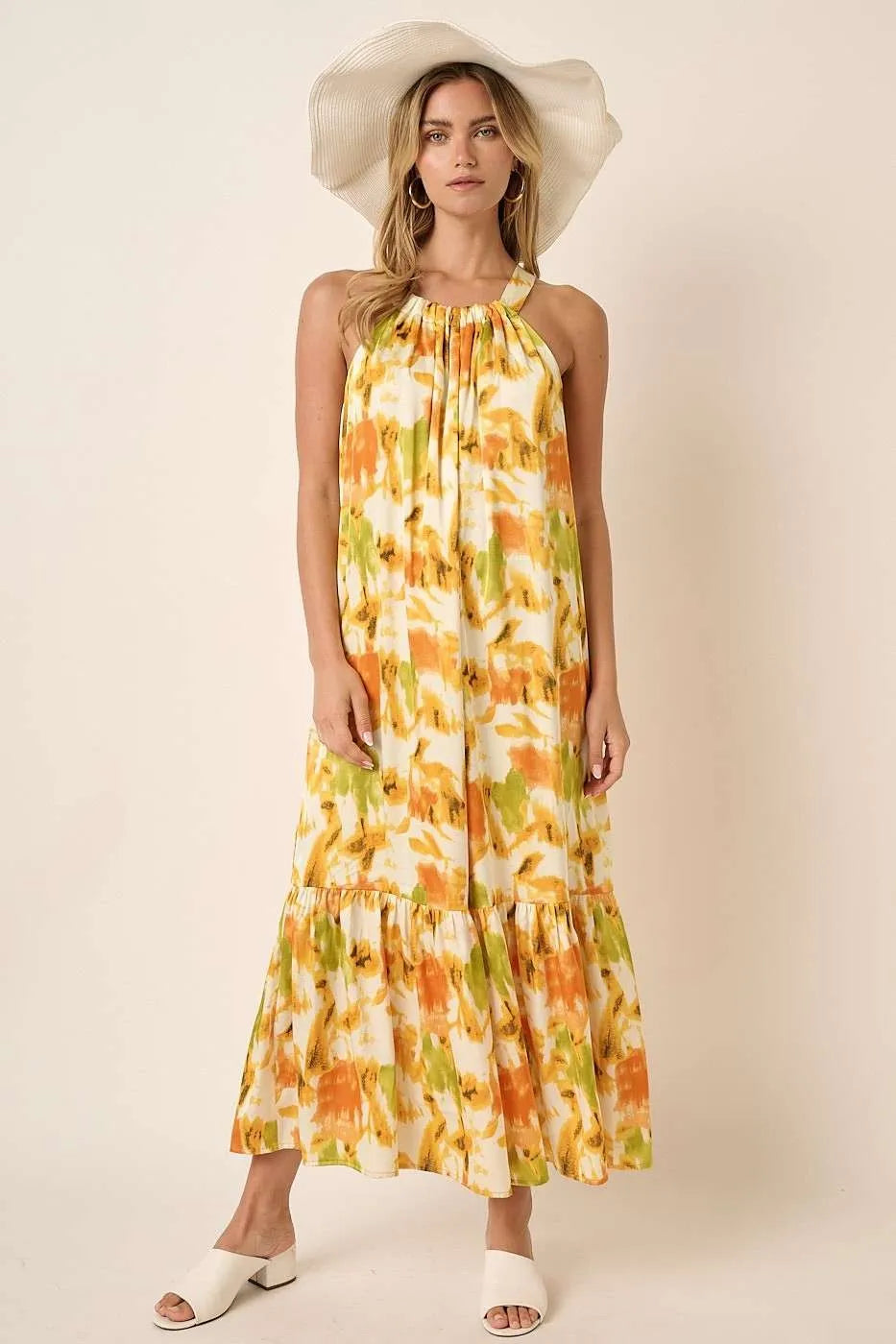 Watercolor halter satin maxi dress sleeve detail
