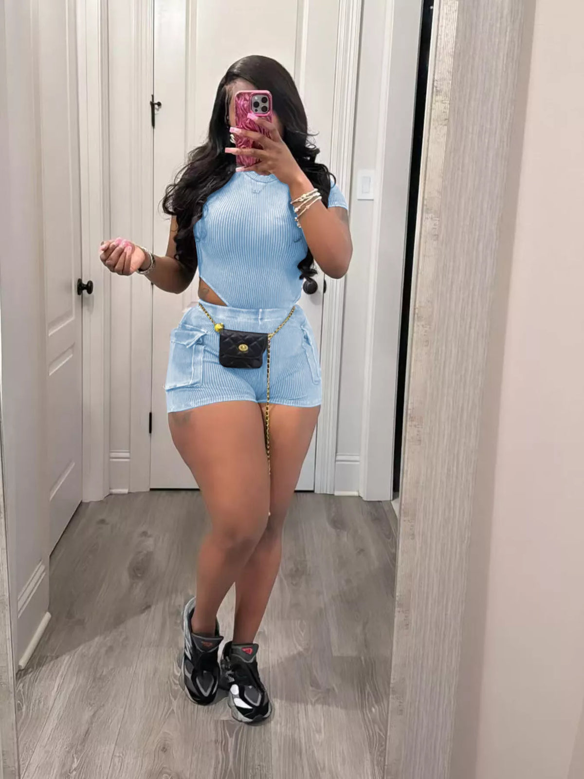 Ribbed knit bodysuit and shorts set front view