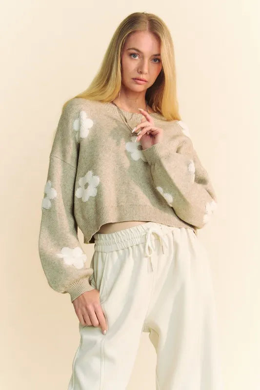 Floral Drop Shoulder Cropped Sweater in Tan