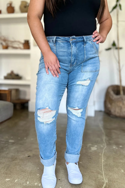 Judy Blue Full Size Distressed Straight Jeans with Patch Pockets - Fashorio
