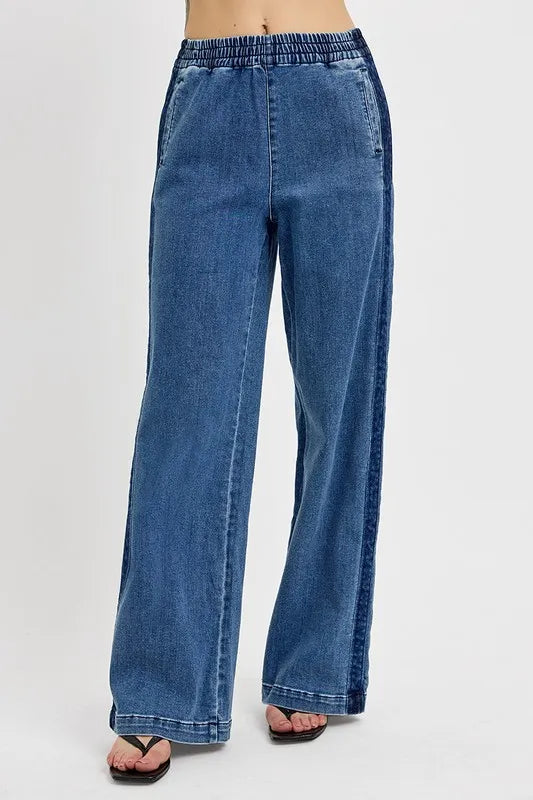 RISEN Plus Size Elastic Waist Wide Leg Jeans – Relaxed Fit Denim Medium - Fashorio