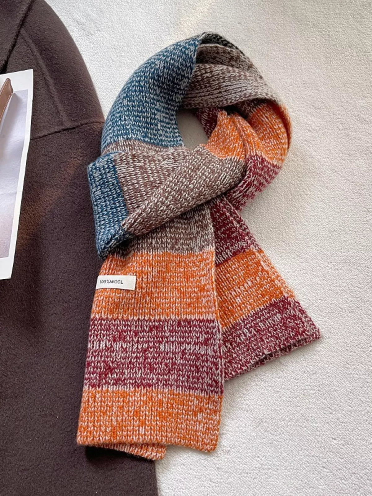 Wool color block knitted scarf around the neck